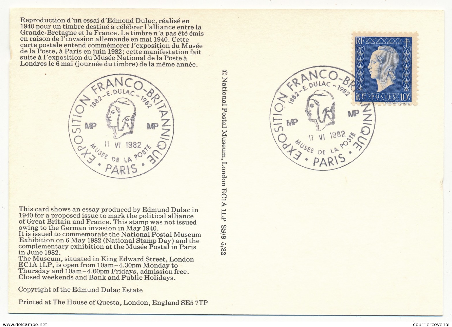 FRANCE - Carte Aff 10c Dulac (philatélique Très Tardif) - Exposition Franco Britannique PARIS 1982 - Matasellos Conmemorativos