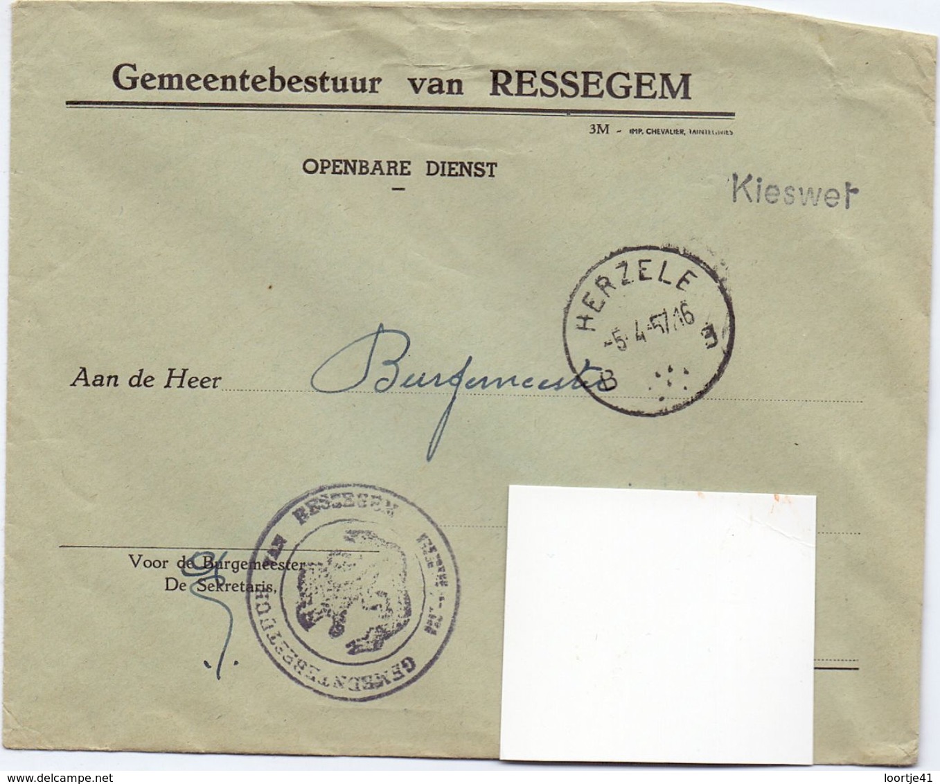 Omslag Enveloppe - Gemeente Ressegem - Stempel Herzele 1957 - Briefe