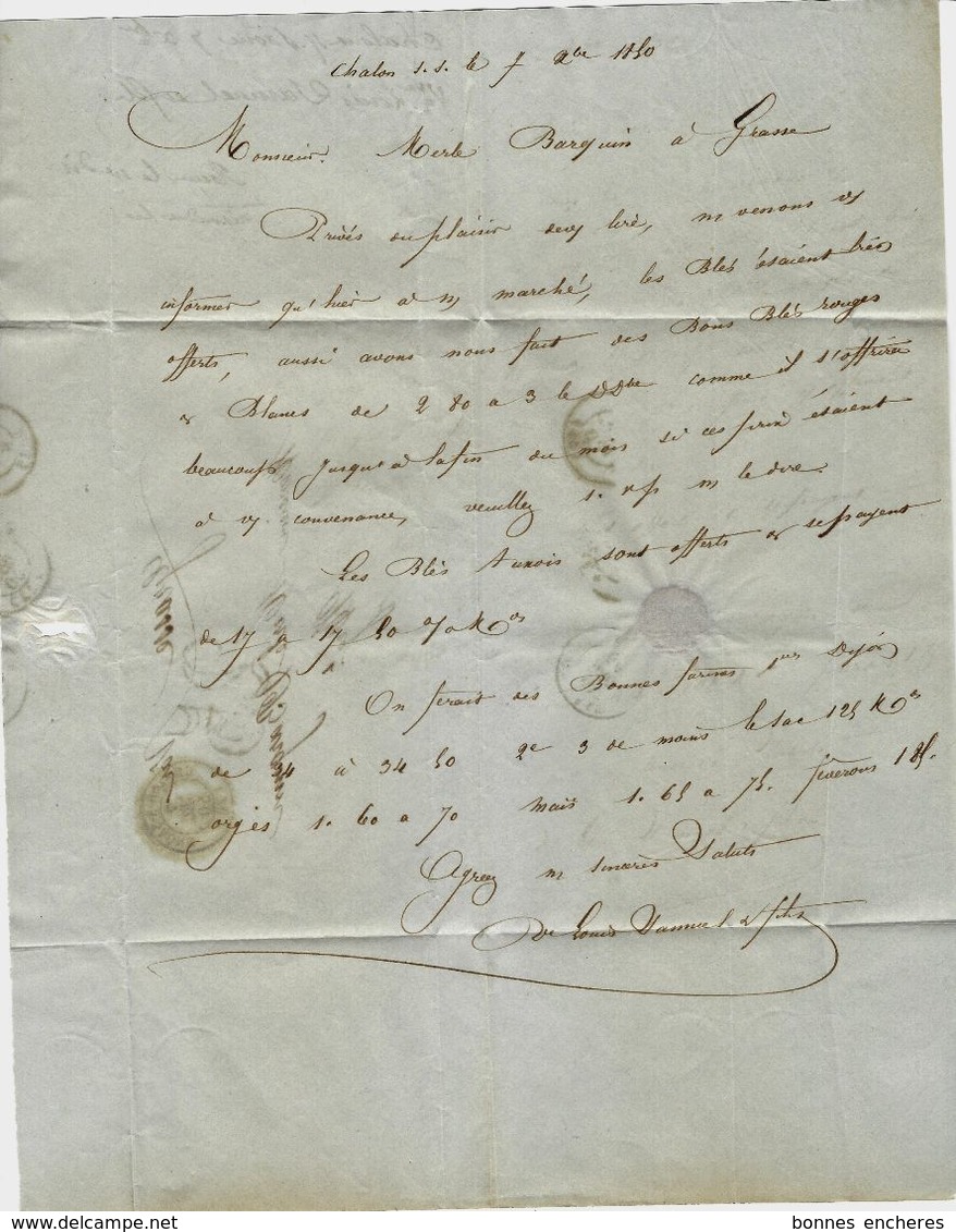 1850 LETTRE COMMERCE  NEGOCE BLES GRAINS FARINE Par Vve Louis Samuel Chalon S/ Saone Pour MERLE BARQUIN à GRASSE V.SCANS - Manuscripts