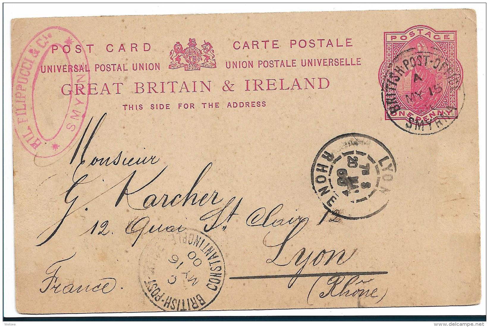 Bd072c / LEVANT -  Britische Ganzsache In Smyrna 1900 Verwendet Nach Lyon - Levant Britannique