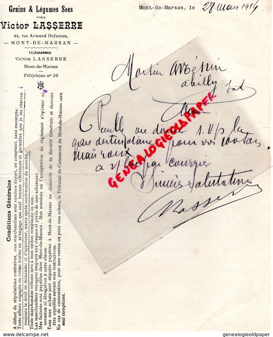 40- MONT DE MARSAN-RARE LETTRE MANUSCRITE SIGNEE- VICTOR LASSERRE-GRAINS GRAINES -AGRICULTURE HORTICULTURE-1914 - Landwirtschaft