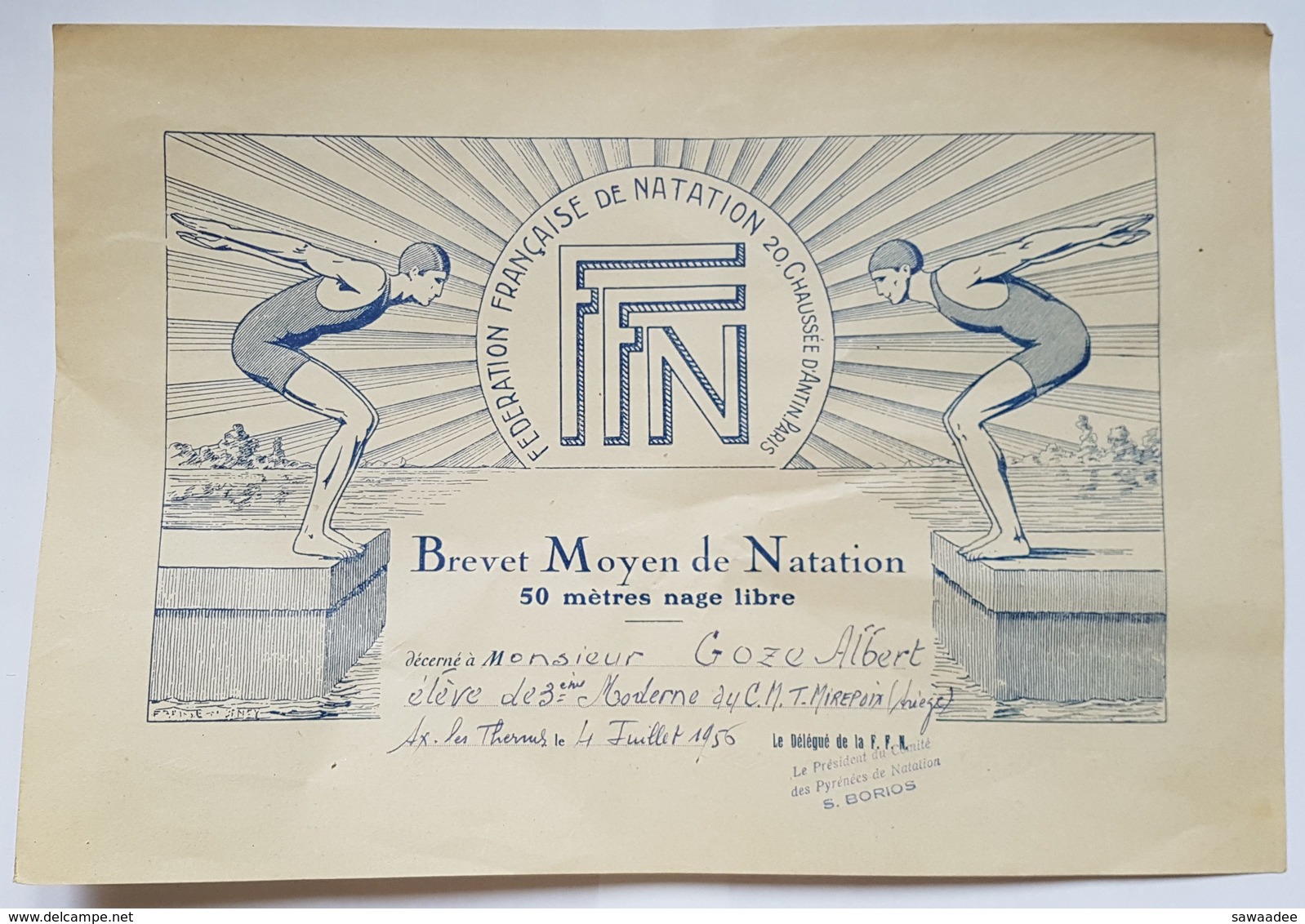 BREVET MOYEN DE NATATION - 50 METRE NAGE LIBRE - FFN - AX LES THERMES - ARIEGE - 1956 - Diplômes & Bulletins Scolaires