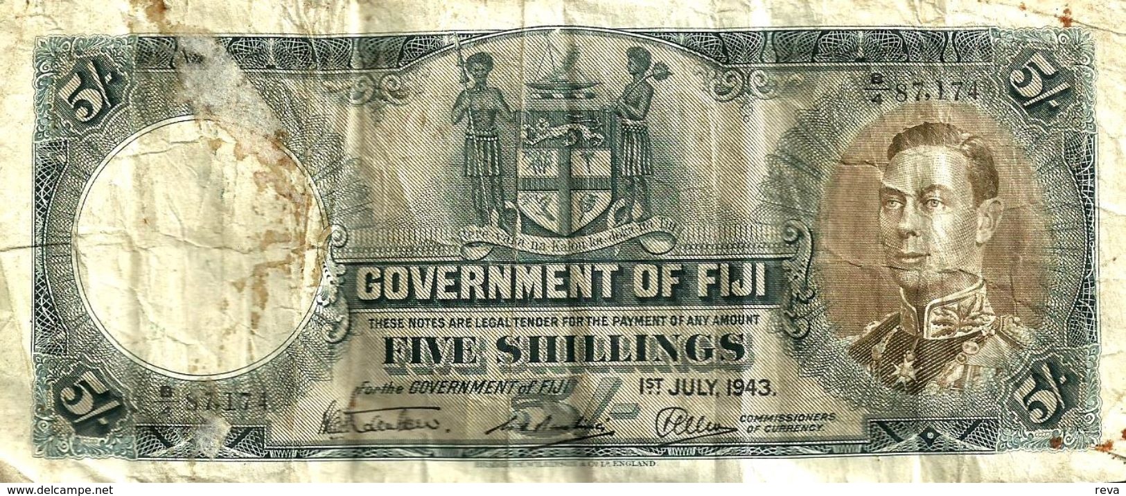 FIJI 5 SHILLINGS BLUE KGVI FRONT MOTIF BACK DATED 01-07-1943 F+ P.37c READ DESCRIPTION!! - Fidji