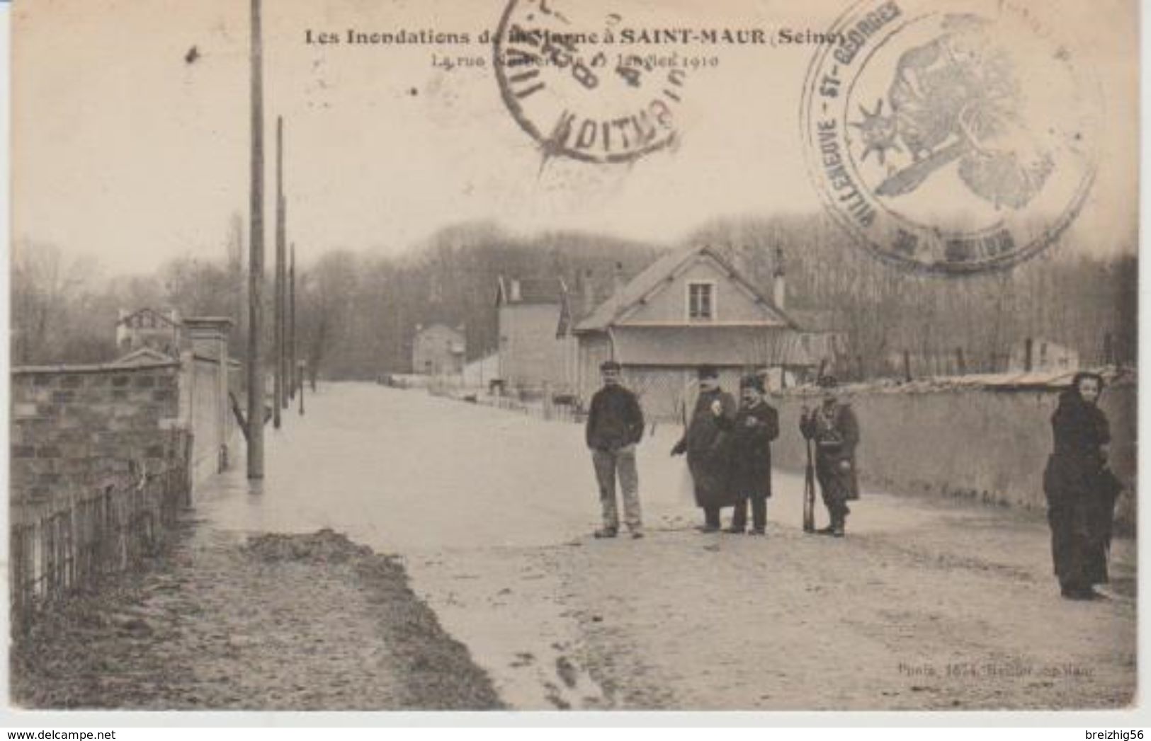 Val De Marne Les Inondations De La Marne SAINT MAUR La Rue Norbert 1910 (Cachet De La Mairie De Villeneuve St Georges) - Saint Maur Des Fosses