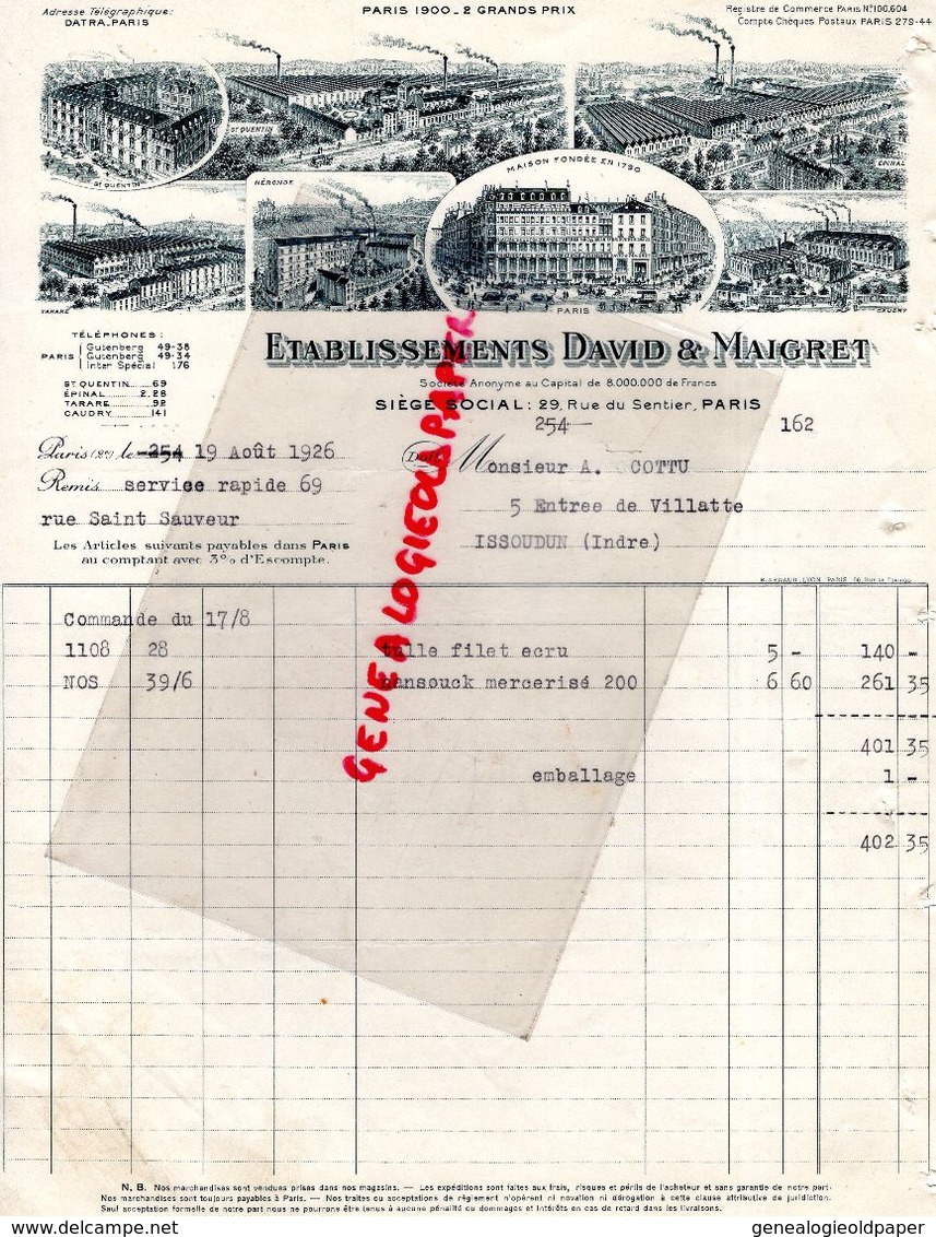 59- CAUDRY-PARIS- FACTURE ETS DAVID & MAIGRET- 29 RUE DU SENTIER- SAINT QUENTIN-NERONDE-EPINAL -1926 - 1900 – 1949