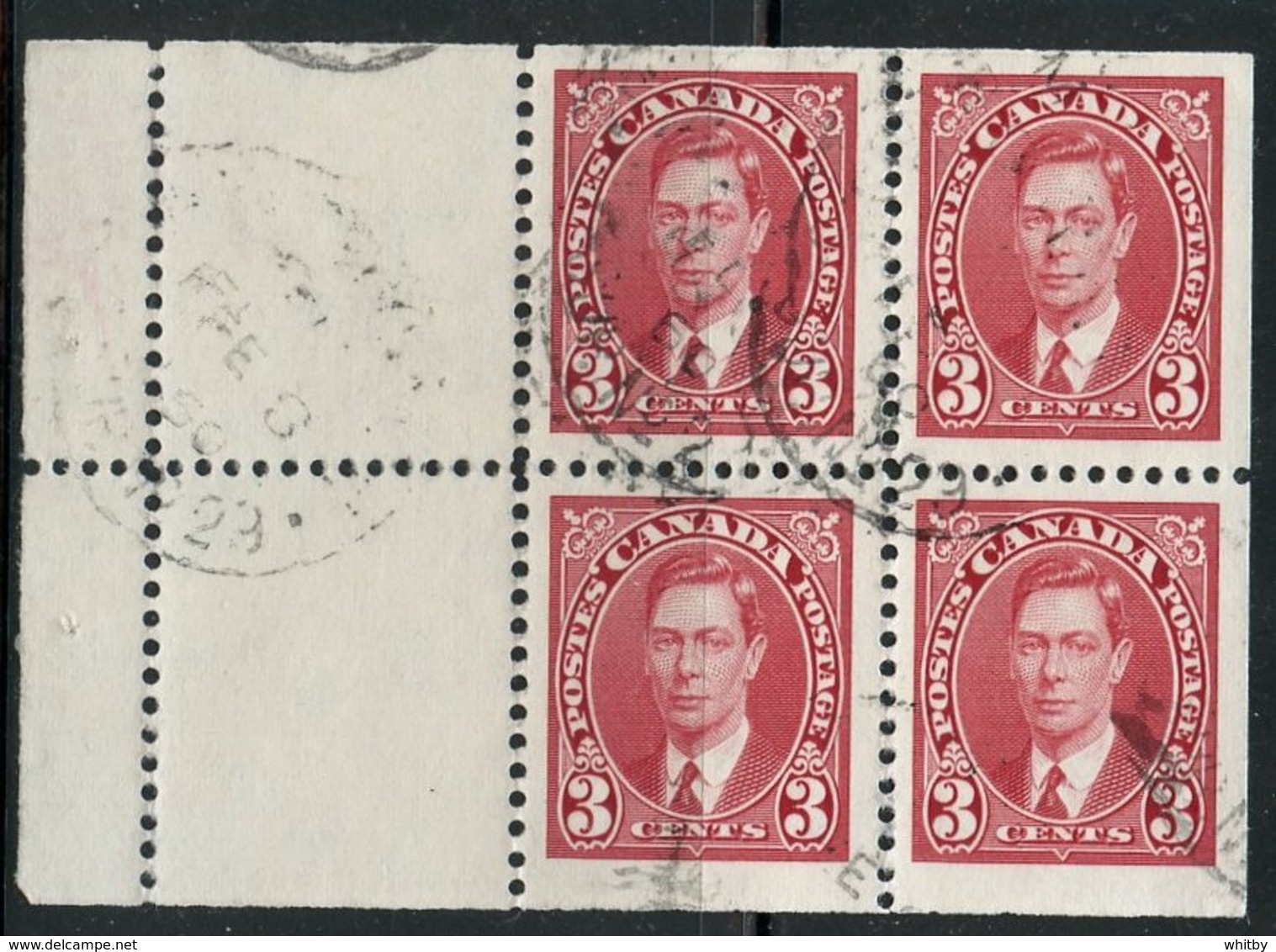 1937 3 Cent King George VI Mufti Issue #233a  Booklet Pane - Used Stamps