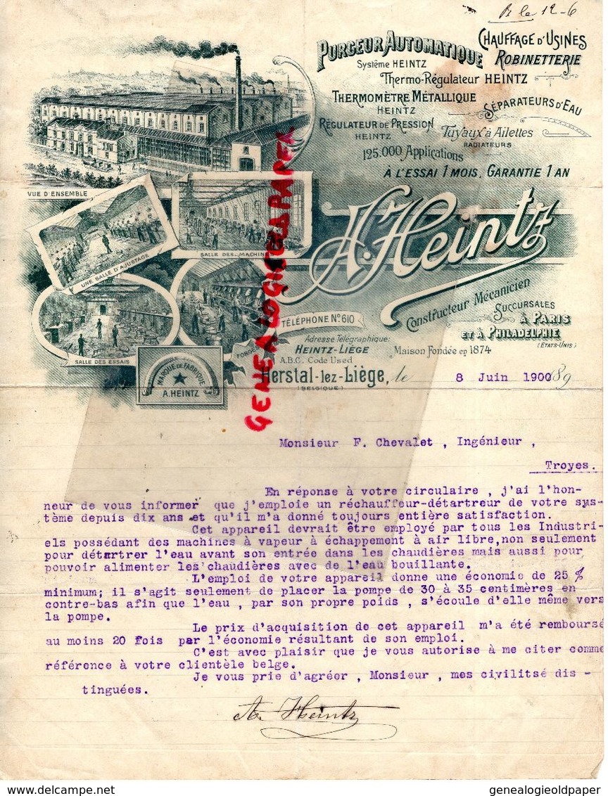 BELGIQUE-PARIS-HERSTAL LEZ LIEGE- RARE LETTRE SIGNEE A. HEINTZ- CONSTRUCTEUR MECANICIEN-CHAUFFAGE USINES-1901 - Artigianato