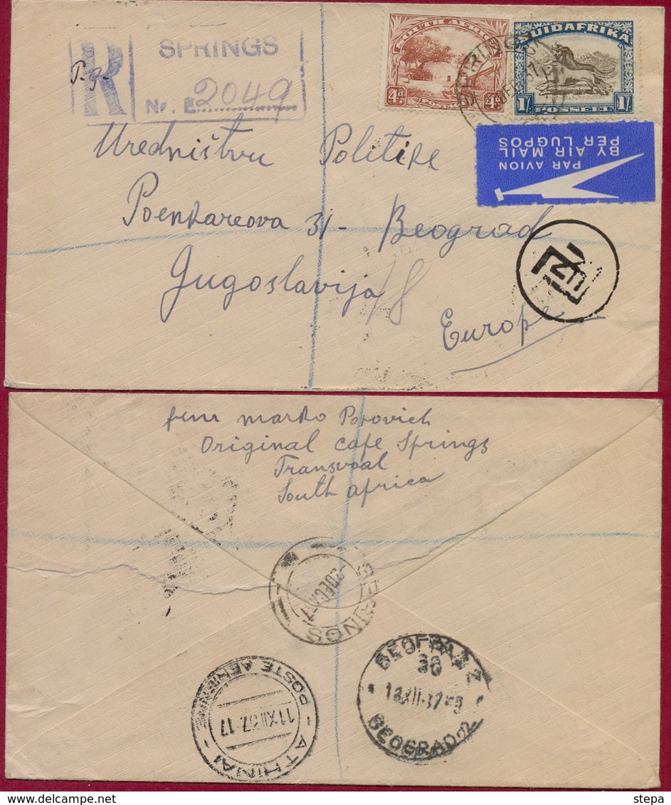 SOUTH AFRICA-GREECE-YUGOSLAVIA, REGISTERED AIRMAIL LETTER SPRINGS-ATHENS To BELGRADE 1937 RARE!!!! - Luchtpost