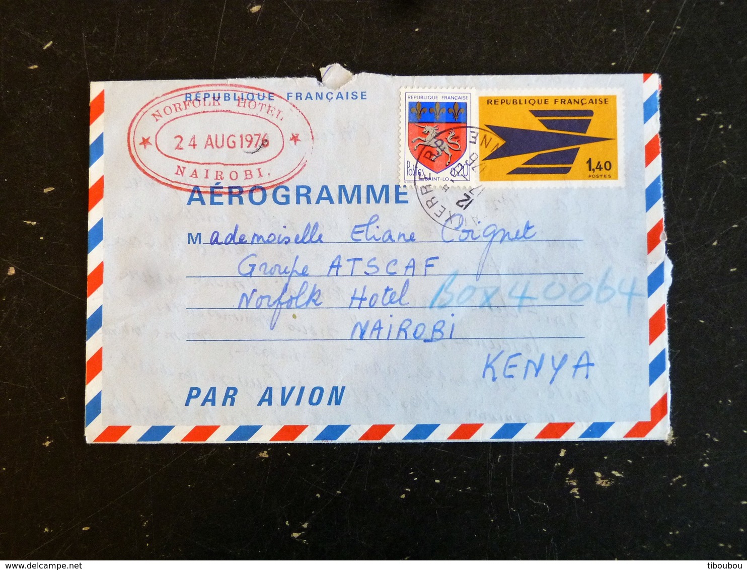 FRANCE AEROGRAMME YT 1003-AER - FUSEE POSTALE - CACHET NORFOLK HOTEL NAIROBI KENYA - AUXERRE RP YONNE - Aérogrammes