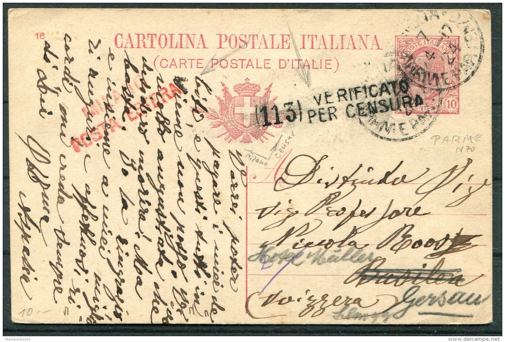 1917 Italy Stationery Postcard Redirected Switzerland. Milano Posta Estera + 113 Verificato Per Censura - Marcophilia