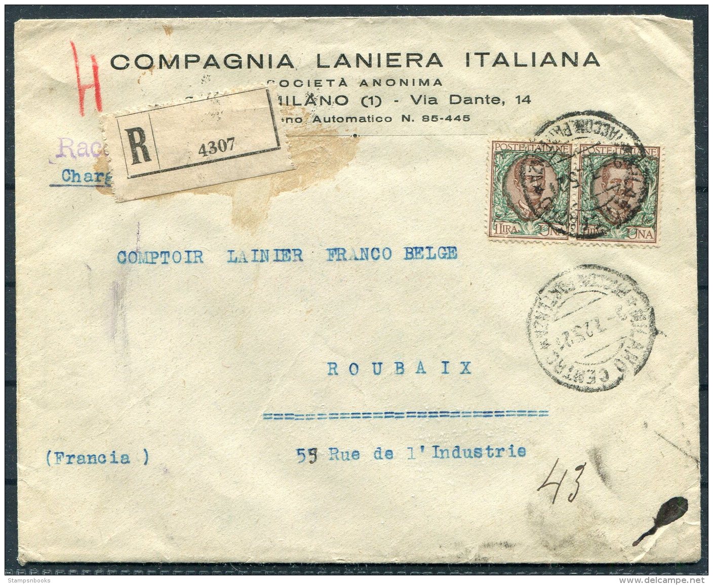 1925 Italy Compagnia Laniera Italiana Registered Cover Milano - Comptoir Lainier Franco Belge, Roubaix - Marcophilia