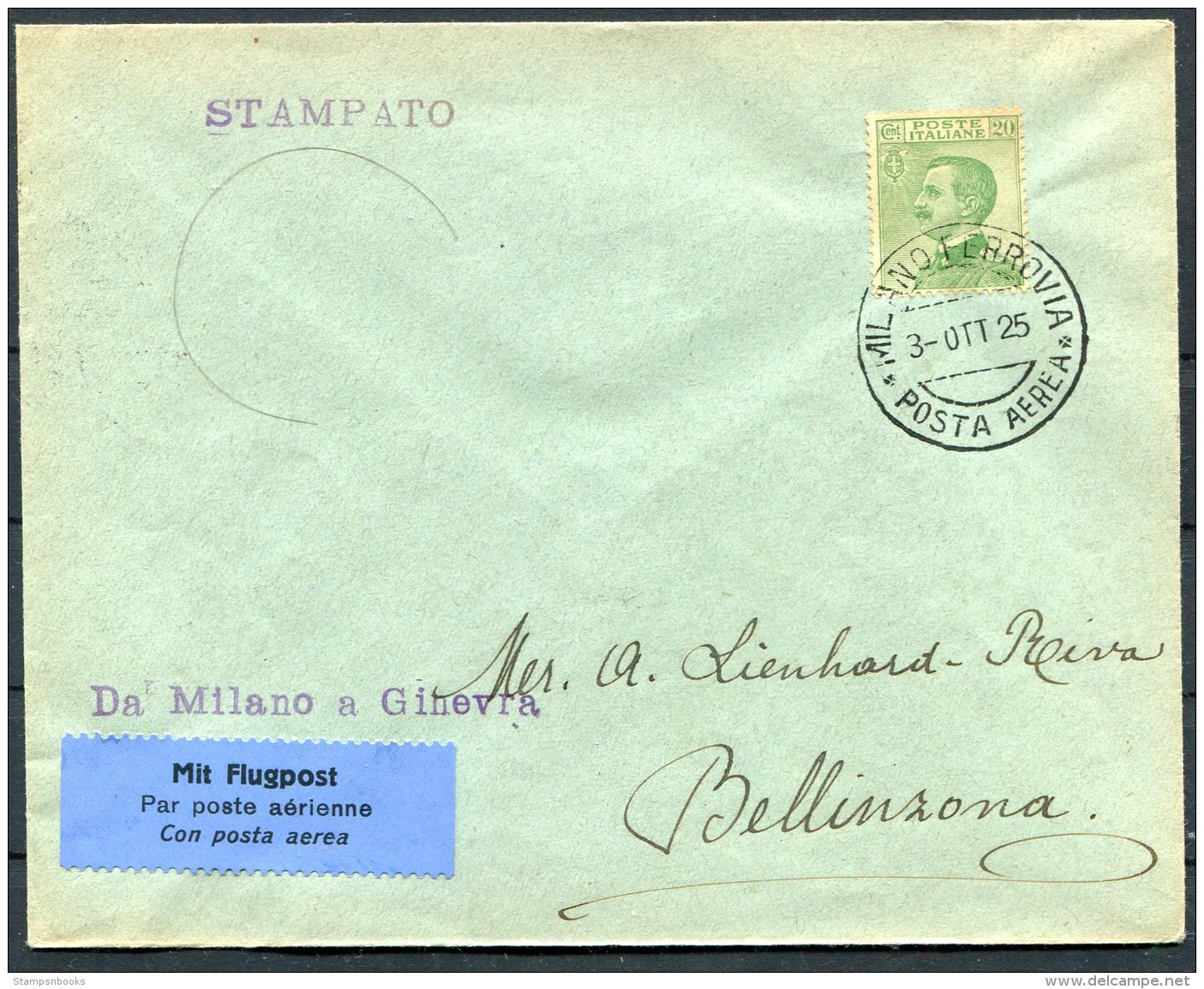 1925 Italy Milano -  Bellinzona, Switzerland, Posta Aerea, Flugpost Airmail Cover - Poststempel (Flugzeuge)