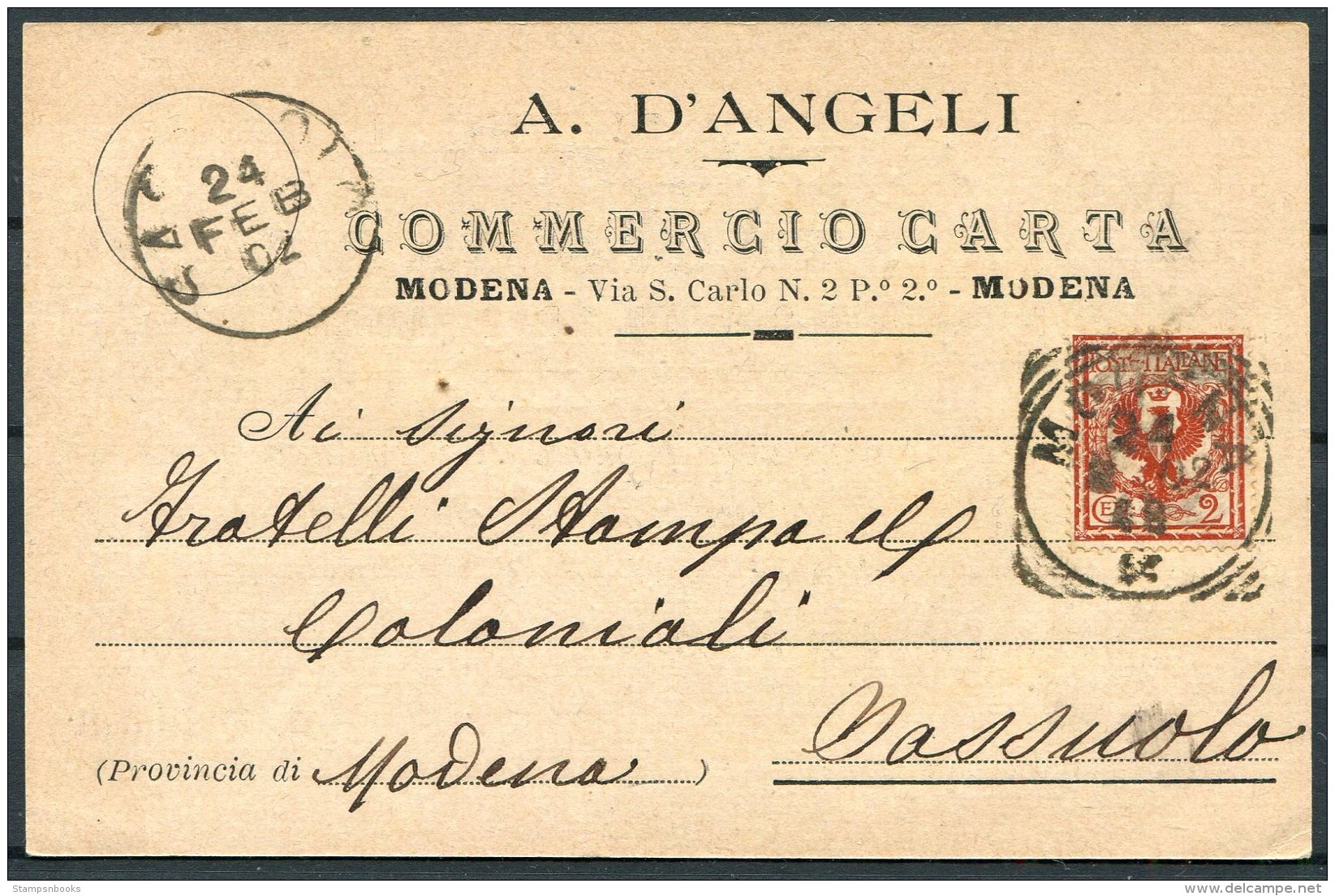 1902 Italy Commercio Carta A. D'Angeli, Modena - Sassuolo. Advertising Postcard - Marcophilia