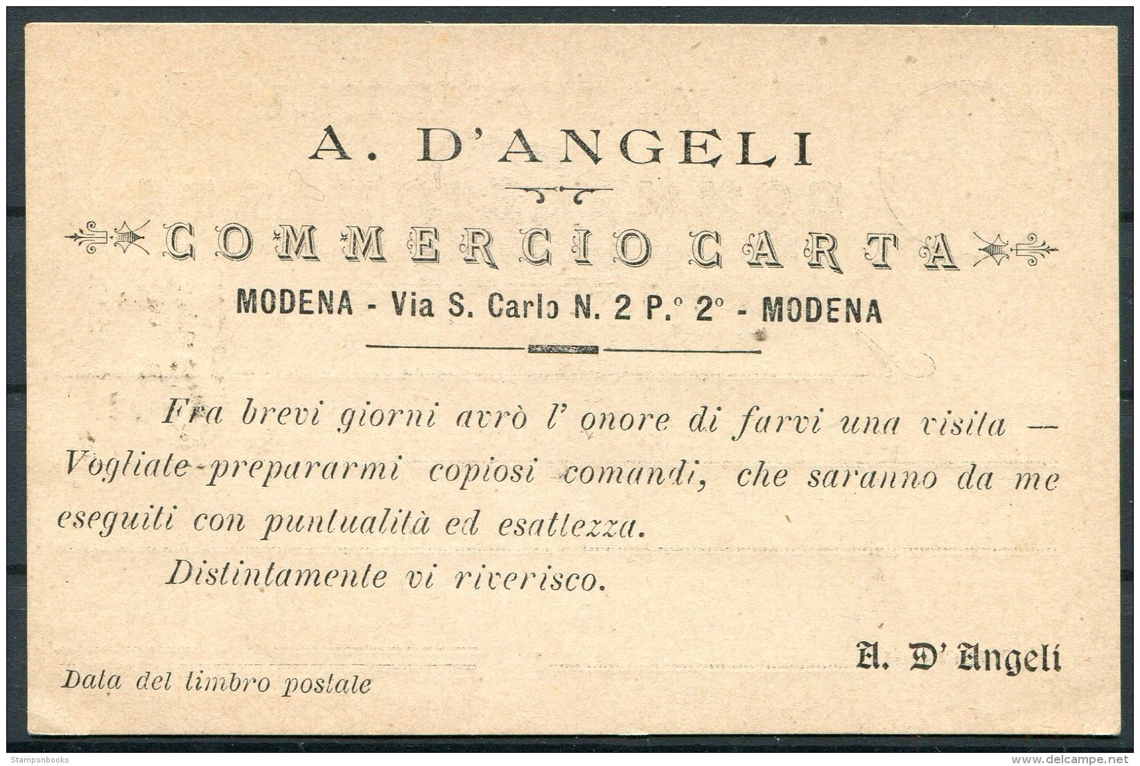 1902 Italy Commercio Carta A. D'Angeli, Modena - Sassuolo. Advertising Postcard - Marcophilia