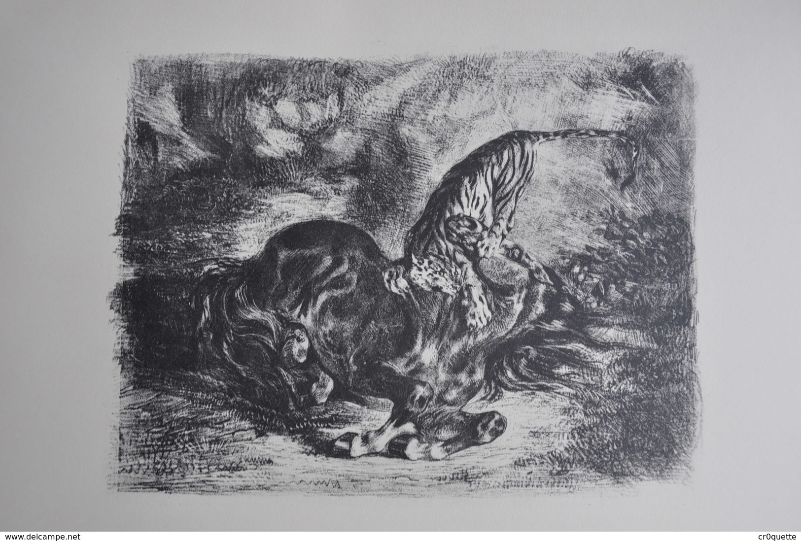 GRAVURE 1165 / CHEVAL SAUVAGE TERRASSE PAR UN TIGRE Par EUGENE DELACROIX Né à CHARENTON ST MAURICE En 1798 - Estampes & Gravures