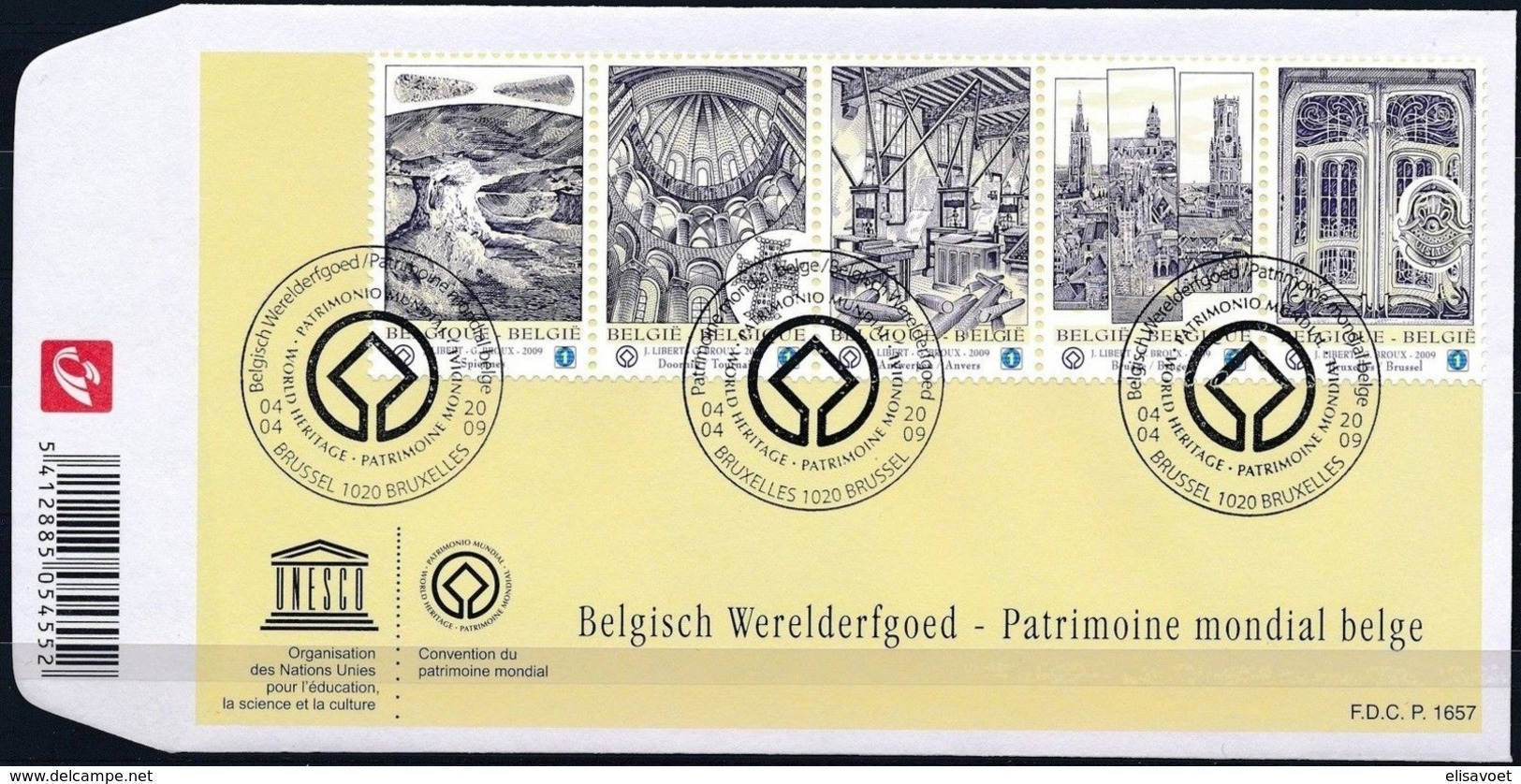 Belgie Belgique  2009 OCBn° FDC 3893-3897 (o) Oblitéré  Cote 15,00 Euro  Patrimoine Mondial Belge - 2001-2010