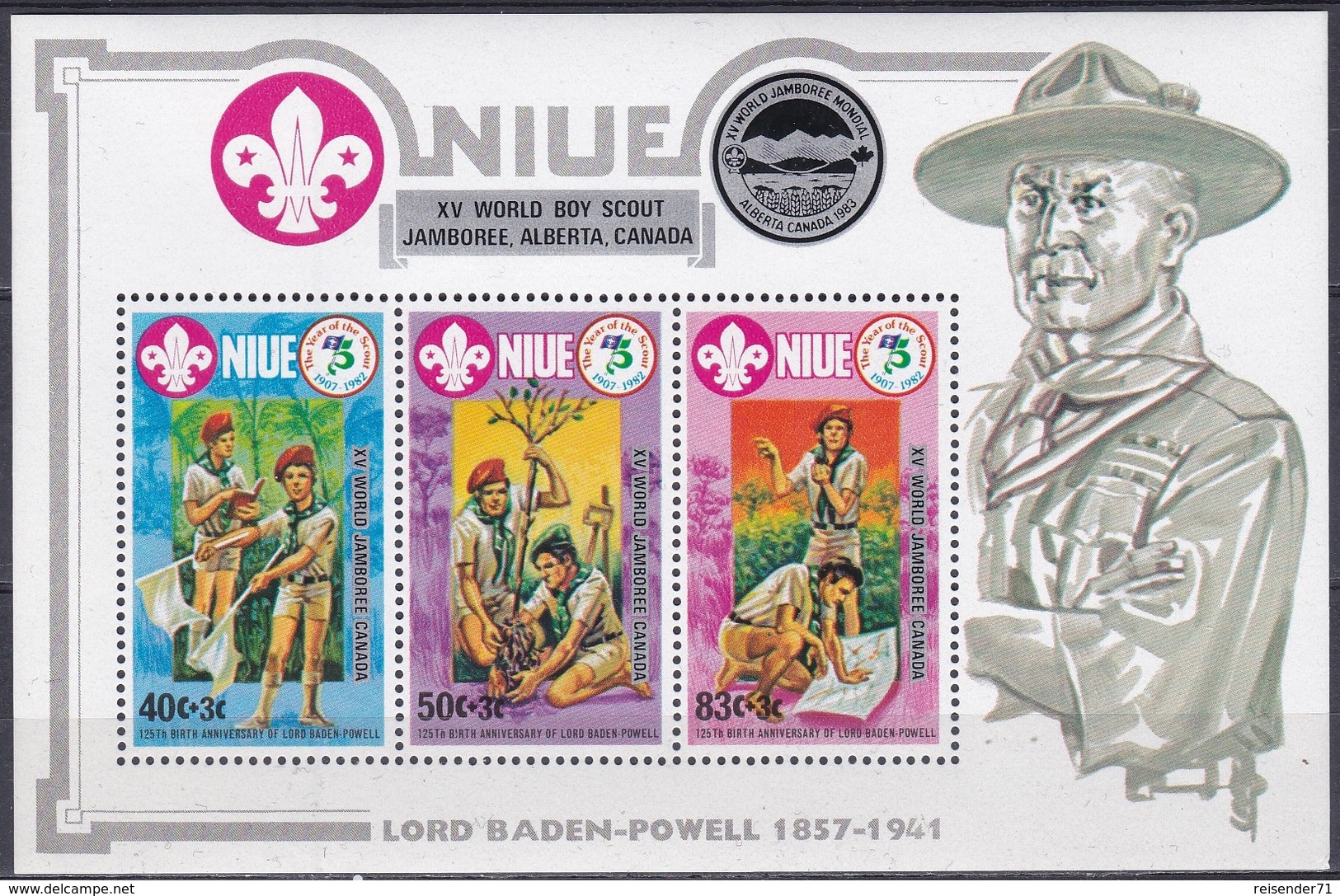 Niue 1983 Organisationen Jugend Youth Pfadfinder Scouts Pathfinder Baden-Powell Jamboree Alberta, Bl. 65 ** - Niue