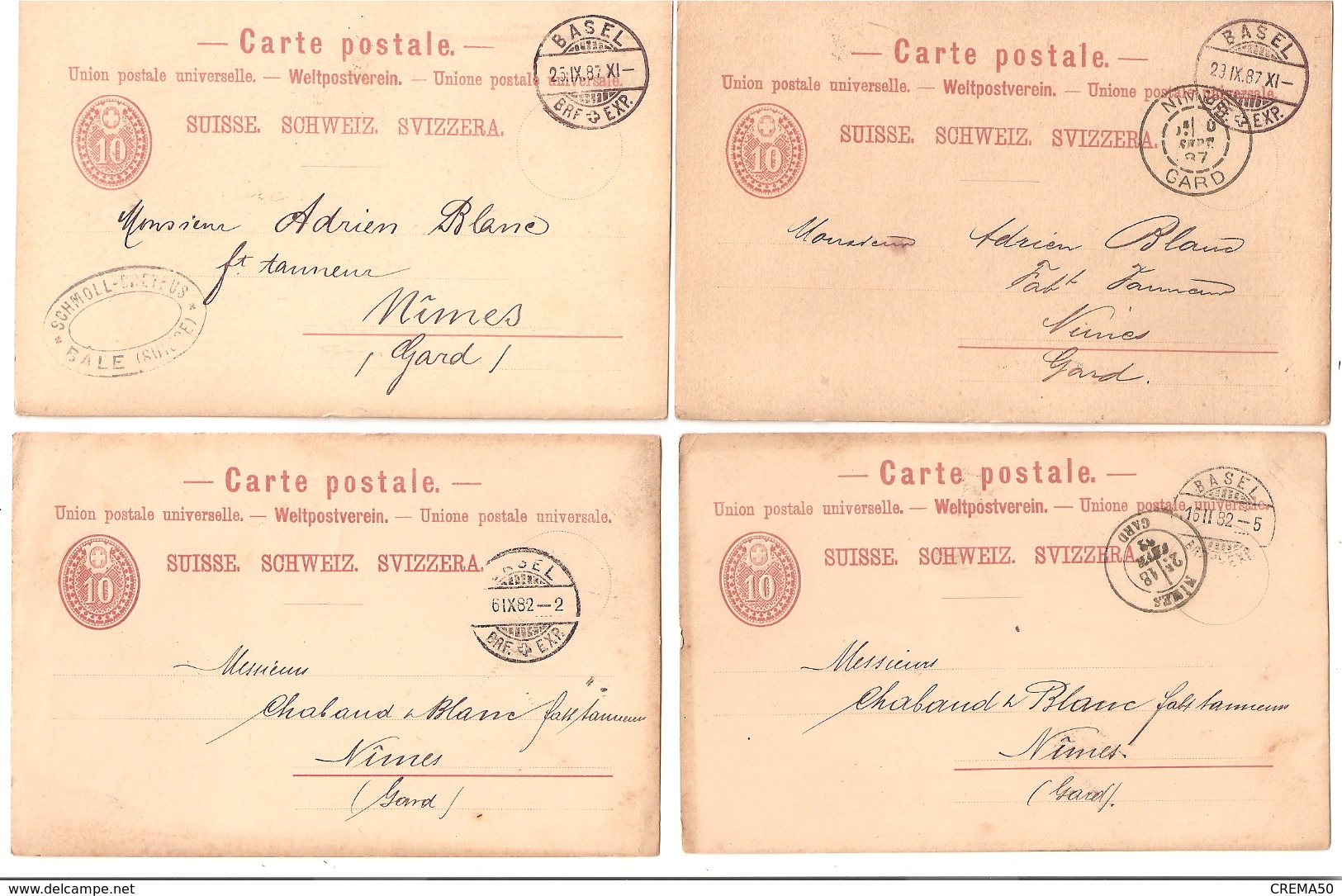 SUISSE - 4 Entiers Postaux - BASEL Vers Mimes: 2 De1882: 2 De1887: - Stamped Stationery