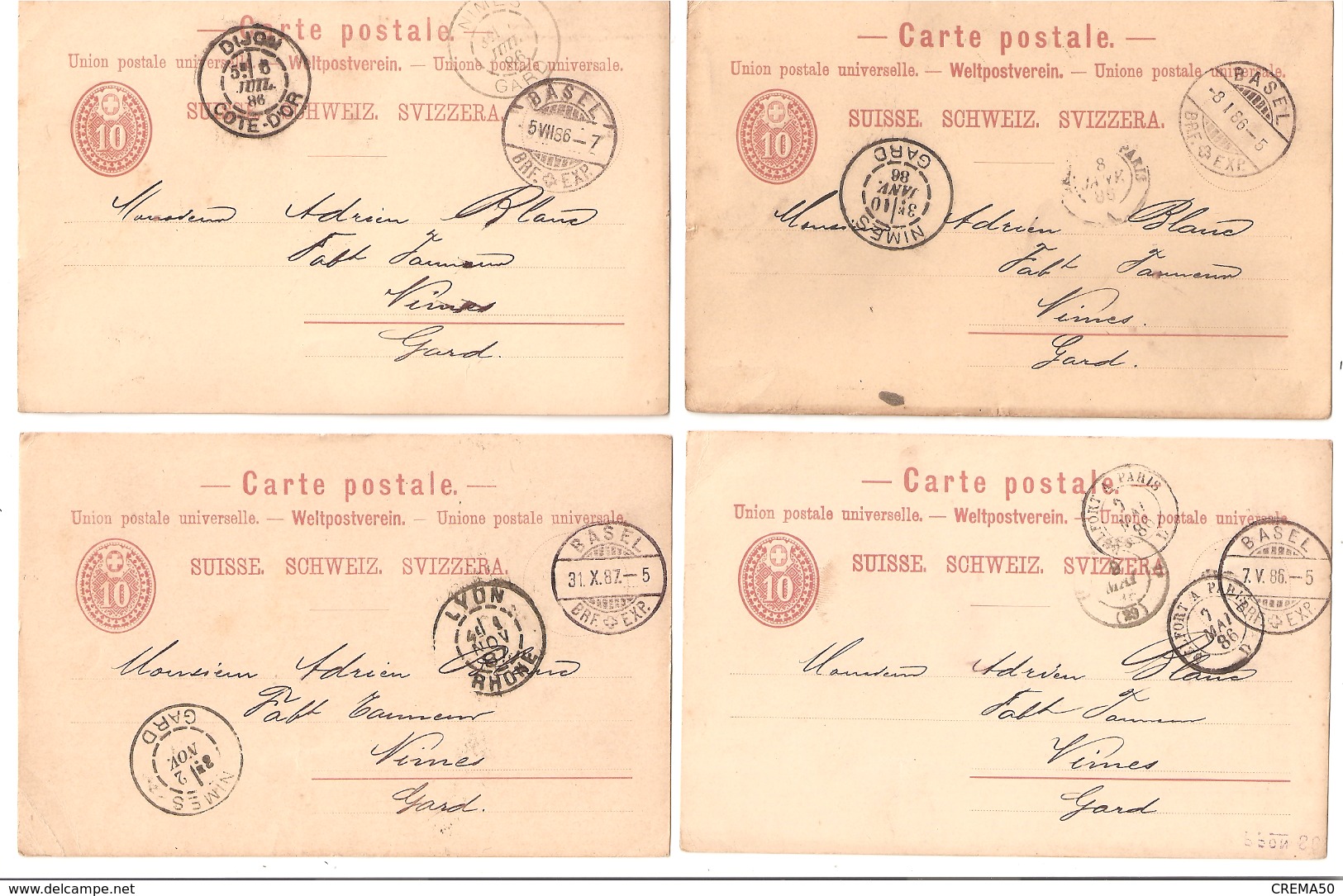 SUISSE - 4 Entiers Postaux - BASEL Vers Mimes: 3 De1886: 1 De1887: - Stamped Stationery