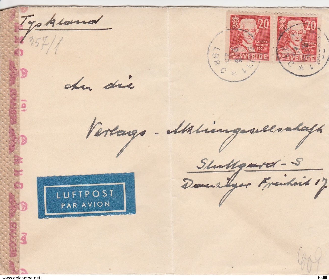 Suède Lettre Censurée Pour L'Allemagne - 1930- ... Franqueo II
