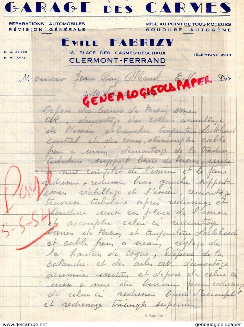 63- CLERMONT FERRAND- RARE LETTRE MANUSCRITE EMILE FABRIZY- GARAGE DES CARMES-12 PLACE DES CARMES DESCHAUX-1953 - Automovilismo