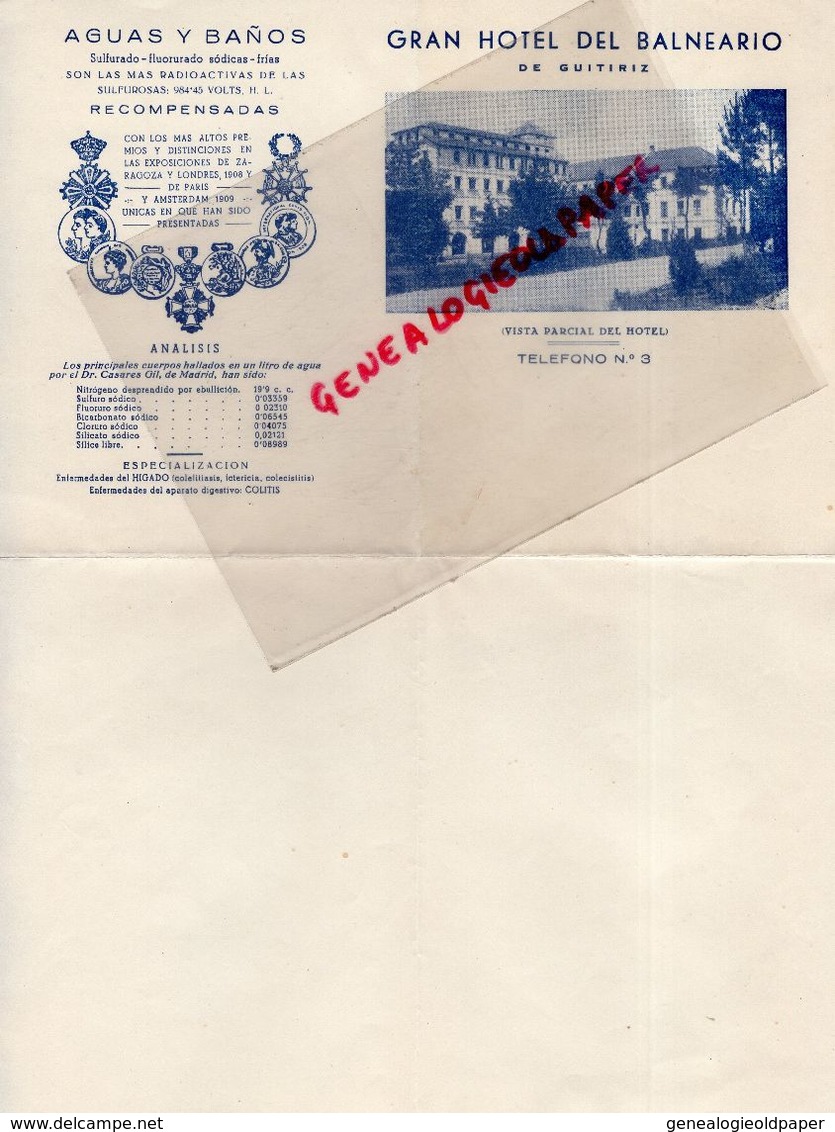 ESPAGNE- RARE LETTRE GRAN HOTEL DEL BALNEARIO DE GUITIRIZ- DR. CASARES GIL DE MADRID - Espagne