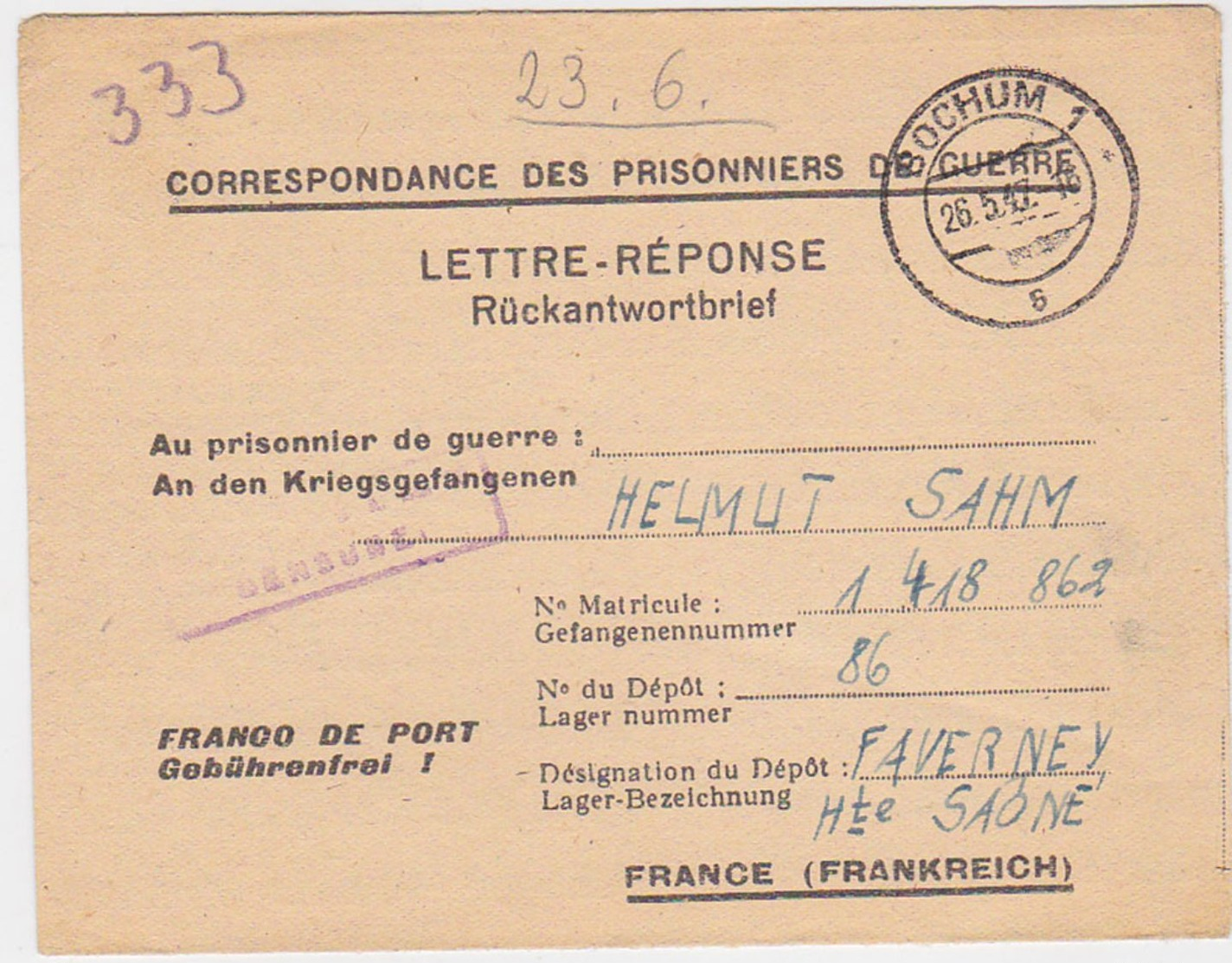 FRANCE GERMANY 1947 (26.5.) P.O.W. RETURN ENV. BOCHUM TO DEPOT 86 FAVERNEY (Ht.Saone) - Autres & Non Classés