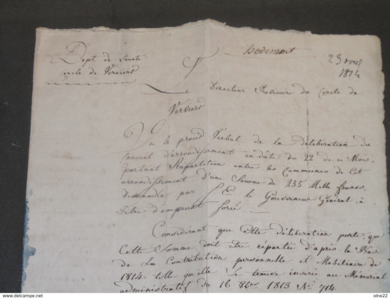 VERVIERS - HODIMONT-LETTRE AU BOURGMESTRE-Dépt. De L'Ourte - 23/4/1814- Emprunt Forcé Exigé Des Habitants - Manuscrits