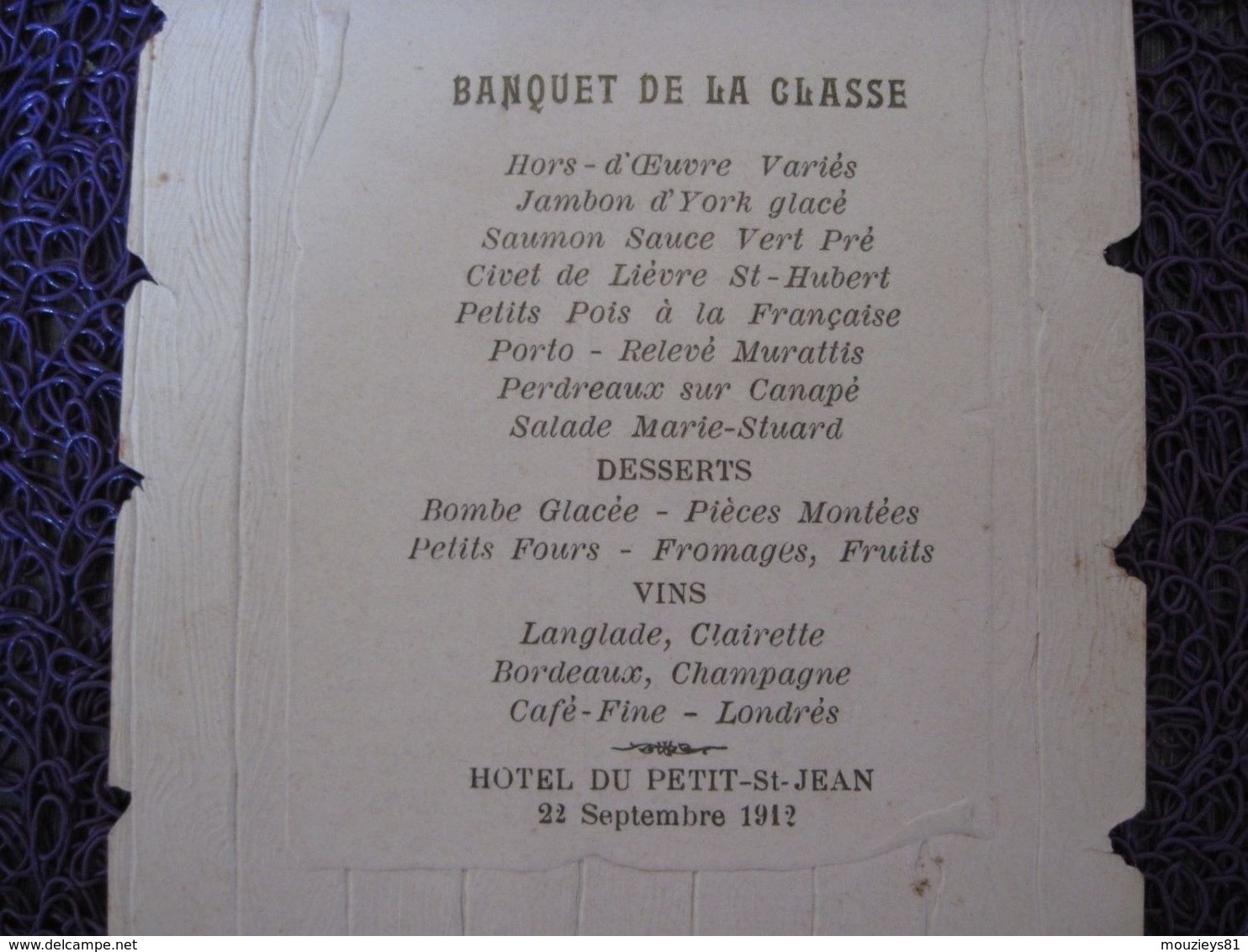 Ancien Menu Hôtel Du Petit St Jean à Nimes Du 22-09-1912 + Noms Des Convives - Menus