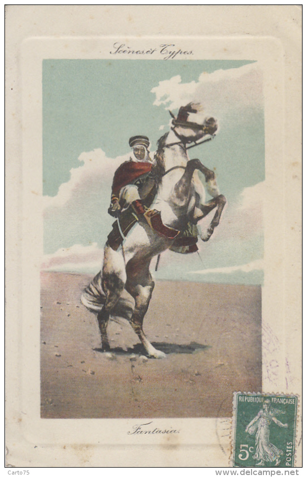Algérie - Fantasia - Cavalerie Militaria - LL Colorisée - Cachet Le Grand Hôtel Moissenet à Constantine - 1912 - Scenes