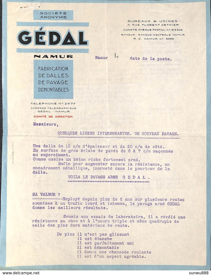SA Gédal Namur (Fabrication Dalles Pavage...publicité) - 1950 - ...