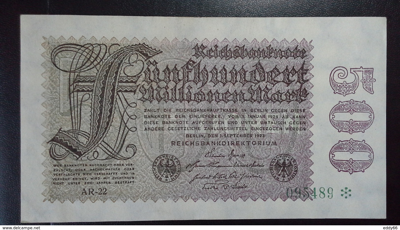 Deutsches Reich 500  Mio. Mark  ( 1.9.1923) ( Rosenberg 109 D/ Pick 110) - 500 Miljoen Mark