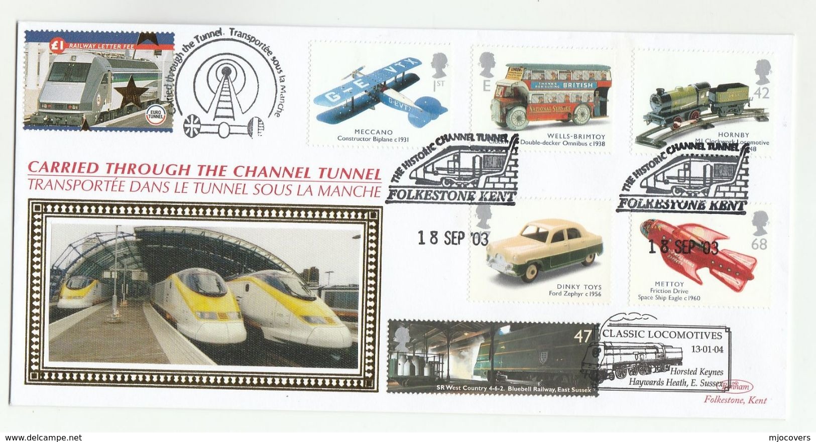 2003 Very Ltd Edn GB FDC CARRIED CHANNEL TUNNEL TRAIN Folkestone HORSTED KEYNES Railway Toy Stamps - Trains