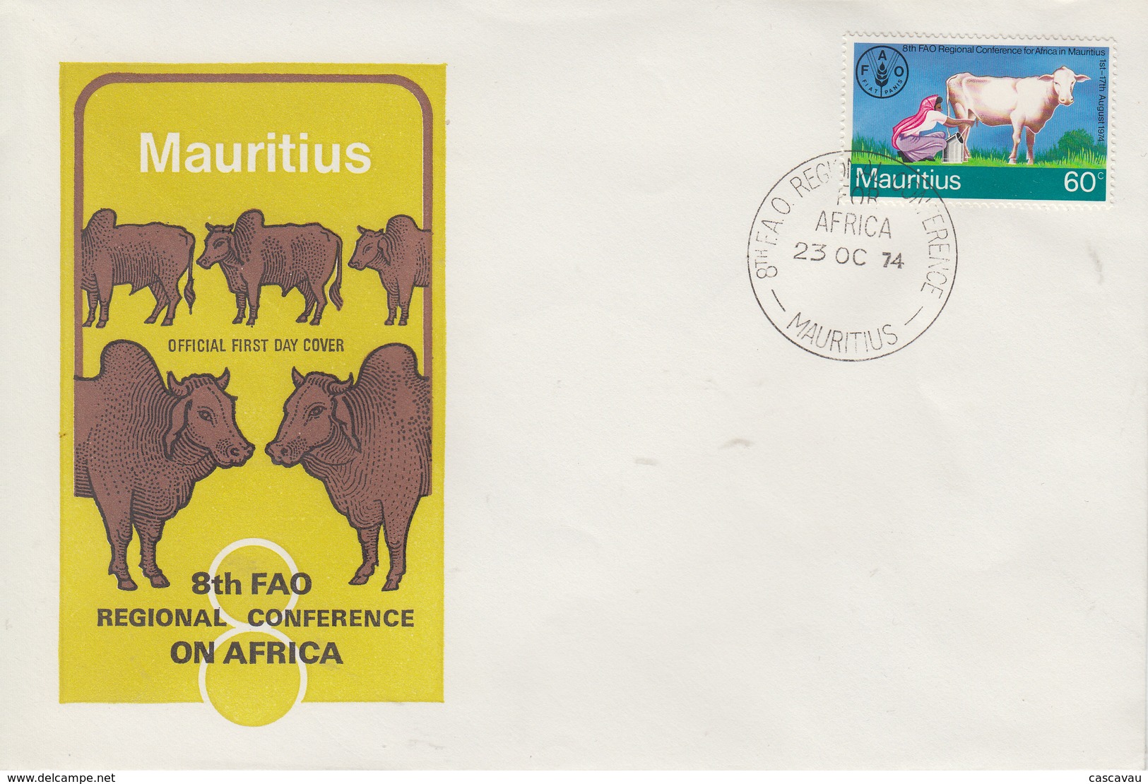 Enveloppe  FDC  1er  Jour   MAURICE   Vache    Conférence  De  LA  F.A.O   1974 - Vaches