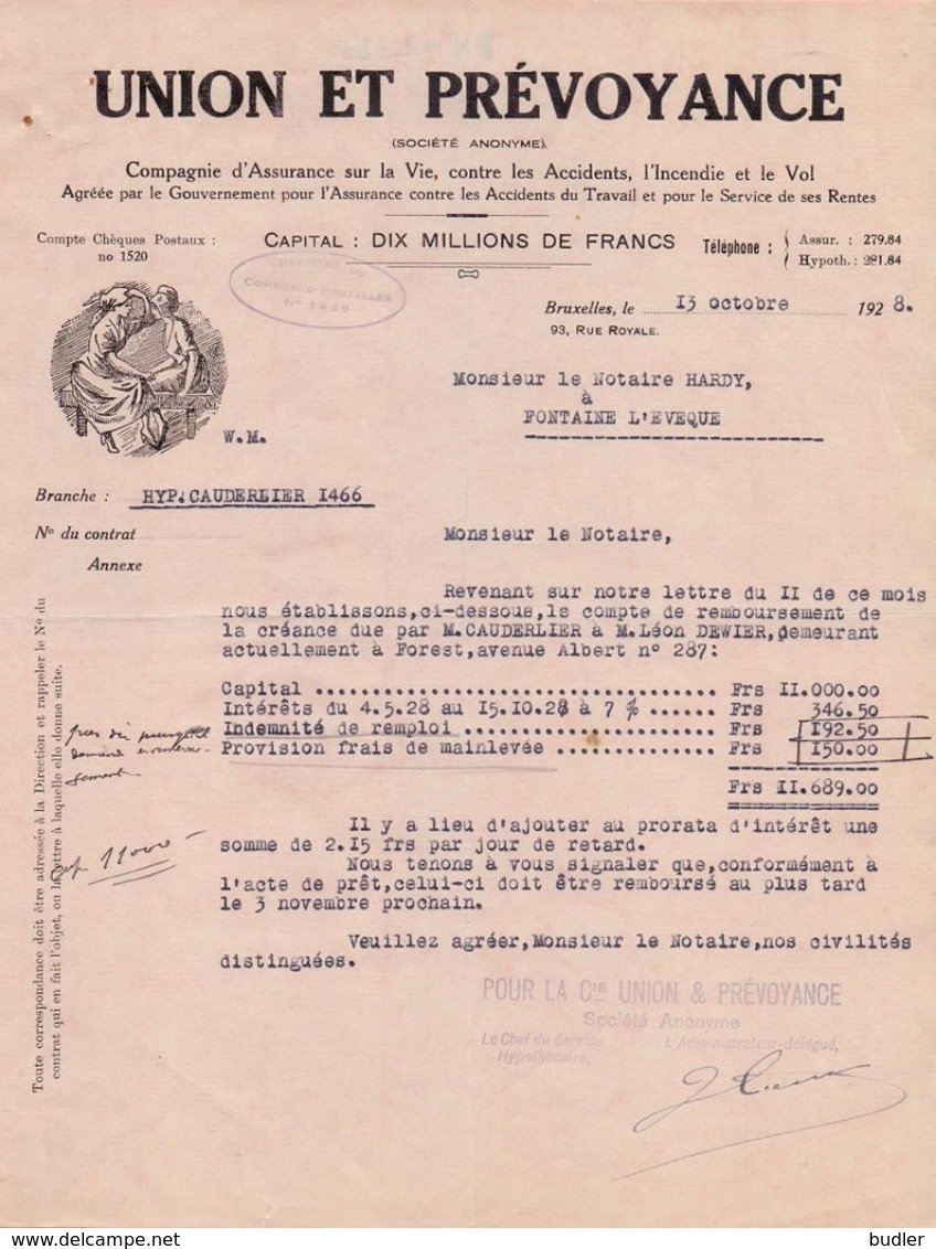 1928: Lettre De ## UNION Et PRÉVOYANCE, Rue Royale, 93, BR. ##  Au ## Notaire HARDY à FONTAINE-l'ÉVÊQUE ## - Banca & Assicurazione