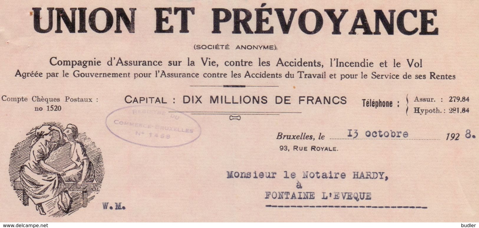 1928: Lettre De ## UNION Et PRÉVOYANCE, Rue Royale, 93, BR. ##  Au ## Notaire HARDY à FONTAINE-l'ÉVÊQUE ## - Banca & Assicurazione