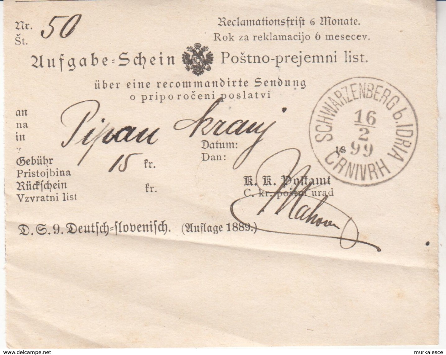 1781    ČRNI  VRH  NAD IDRIJO    1899 POŠTNO-PREJEMNI LIST - Slovénie