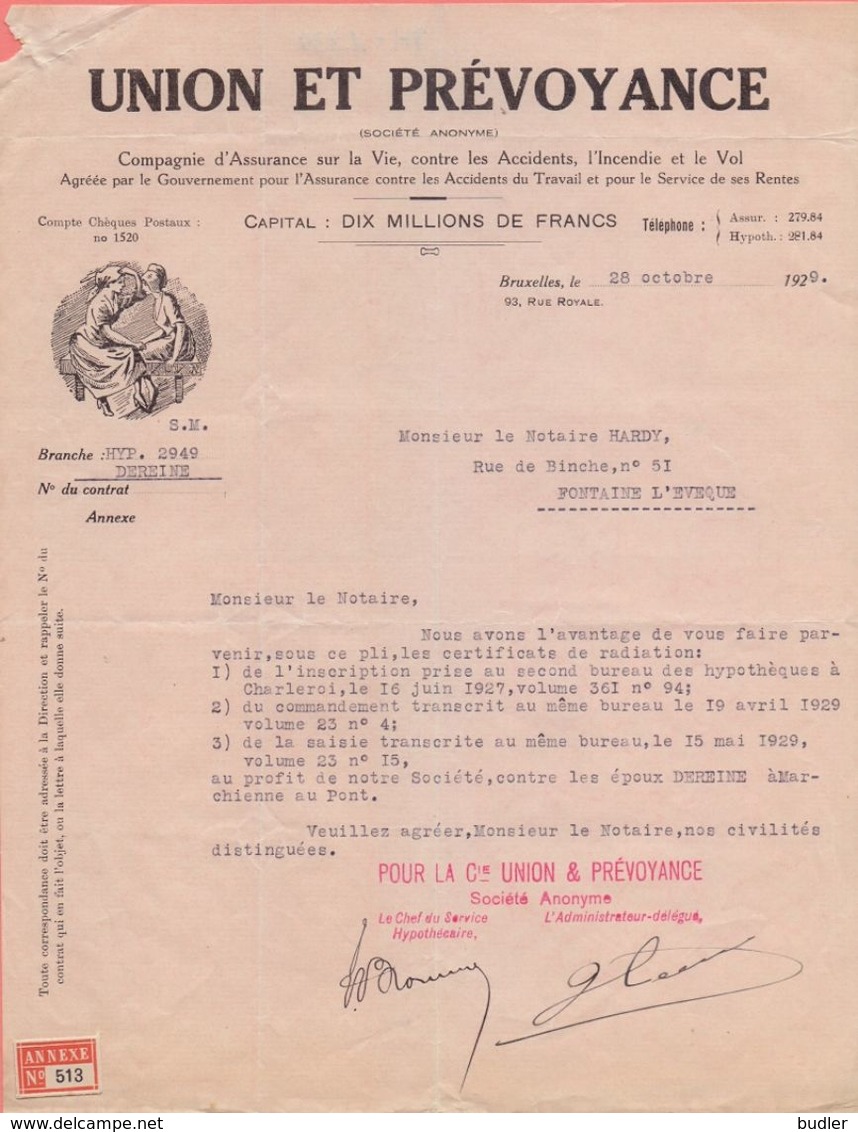 1929: Lettre De ## UNION Et PRÉVOYANCE, Rue Royale, 93, BR. ##  Au ## Notaire HARDY à FONTAINE-l'ÉVÊQUE ## - Banca & Assicurazione