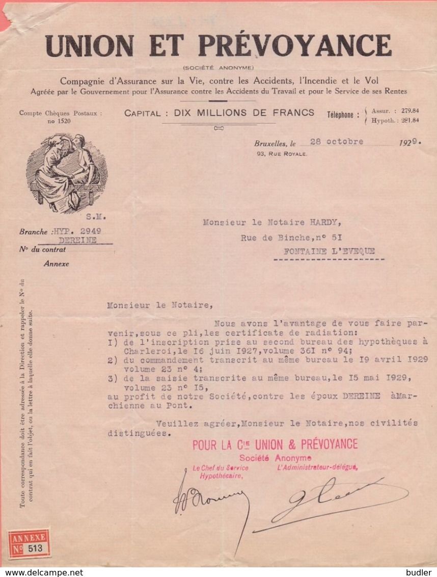 1929: Lettre De ## UNION Et PRÉVOYANCE, Rue Royale, 93, BR. ##  Au ## Notaire HARDY à FONTAINE-l'ÉVÊQUE ## - Banque & Assurance