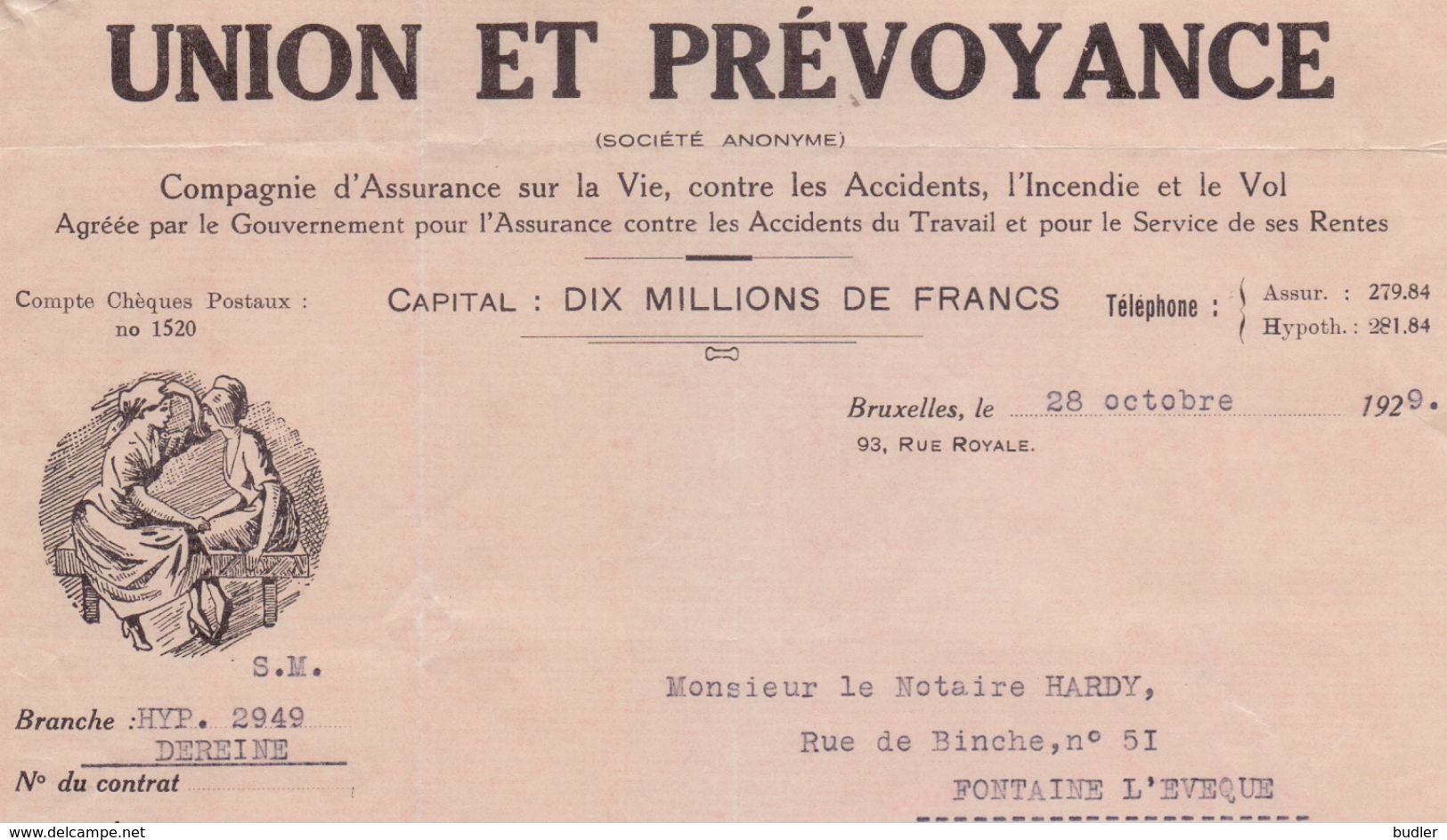 1929: Lettre De ## UNION Et PRÉVOYANCE, Rue Royale, 93, BR. ##  Au ## Notaire HARDY à FONTAINE-l'ÉVÊQUE ## - Bank En Verzekering