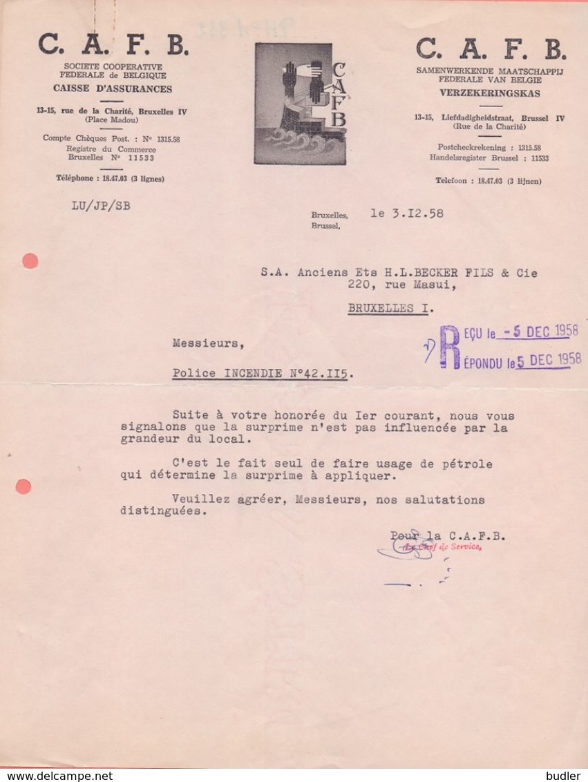 1958: Lettre De ## C.A.F.B., Liefdadigheidstraat,13-15, BR. ##  à La ## S.A. Anc. Ets. H.L. BECKER Fils & Cie, Rue ... - Banque & Assurance