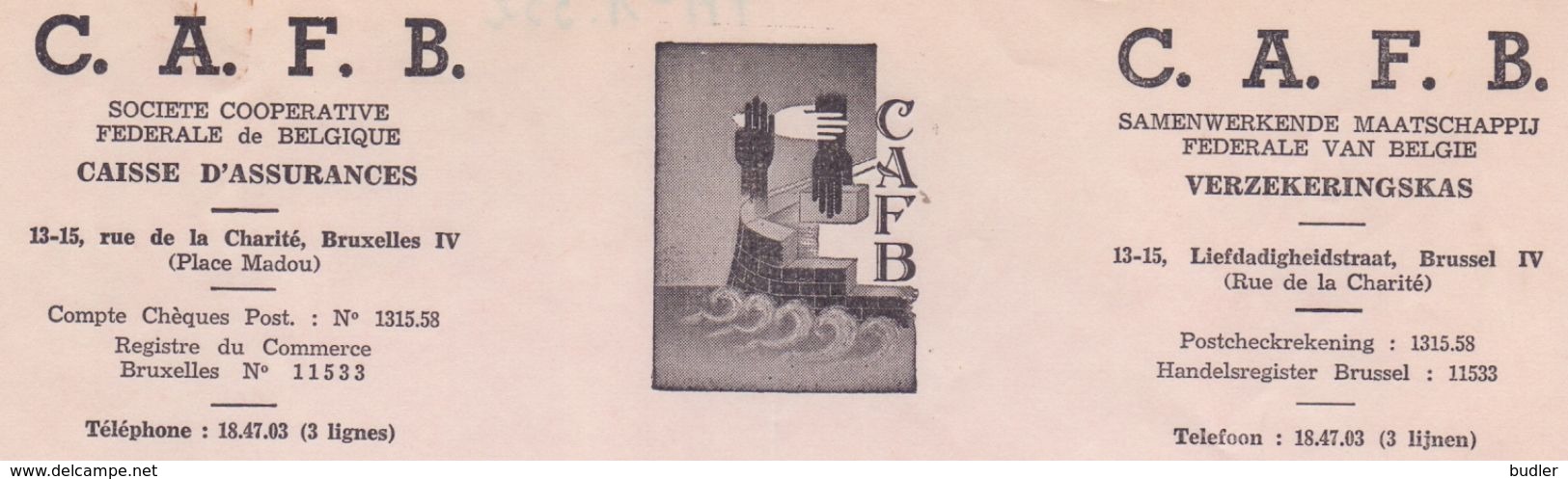1958: Lettre De ## C.A.F.B., Liefdadigheidstraat,13-15, BR. ##  à La ## S.A. Anc. Ets. H.L. BECKER Fils & Cie, Rue ... - Bank & Versicherung