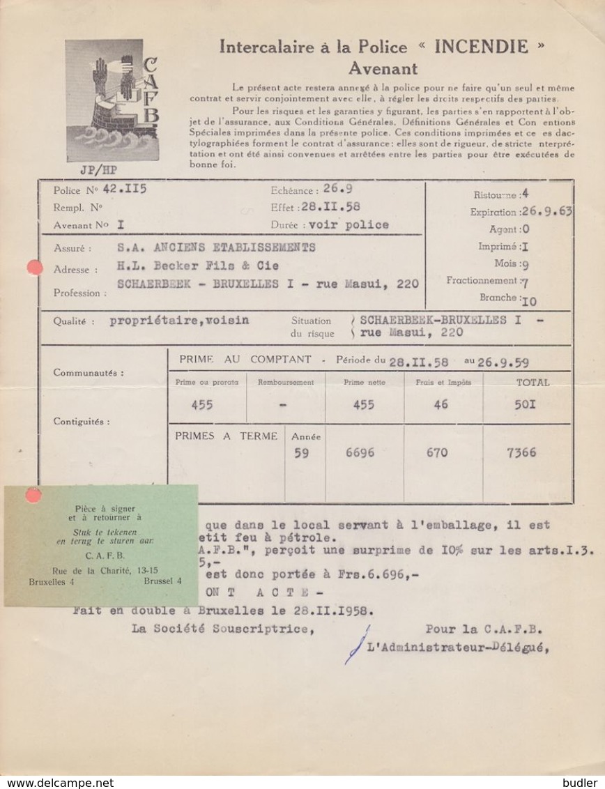 1958: Lettre De ## C.A.F.B., Rue De La Charité,13-15, BR. ##  à La ## S.A. Anc. Ets. H.L. BECKER Fils & Cie, Rue ... - Banca & Assicurazione