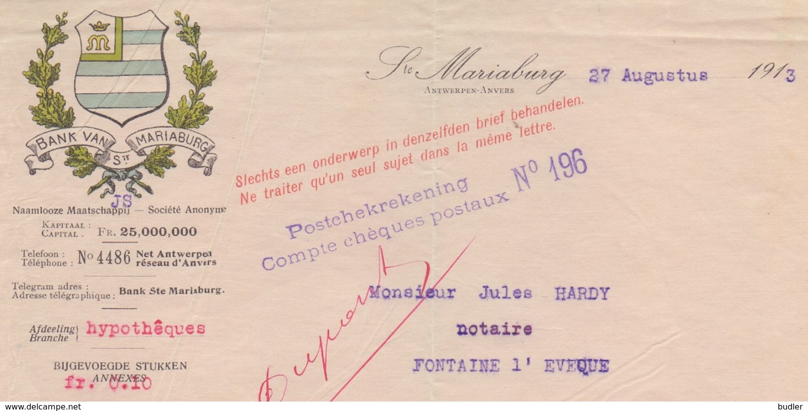 1913: Brief Van ## BANK Van Ste. MARIABURG, Ste. Mariaburg, ANTWERPEN ##  Aan ## Notaire HARDY à FONTAINE-l'ÉVÊQUE ## : - Banca & Assicurazione