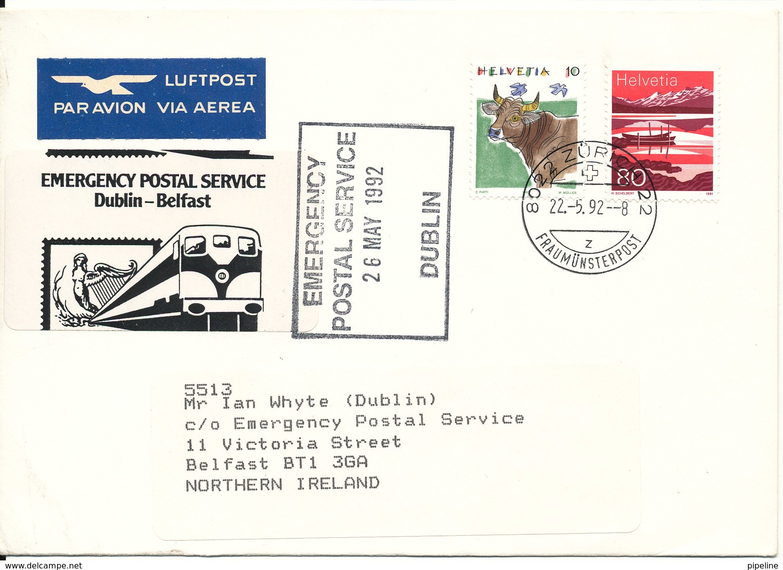 Switzerland Cover Sent To Northern Ireland Emergency Postal Service Dublin - Belfast 22-5-1992 - Covers & Documents