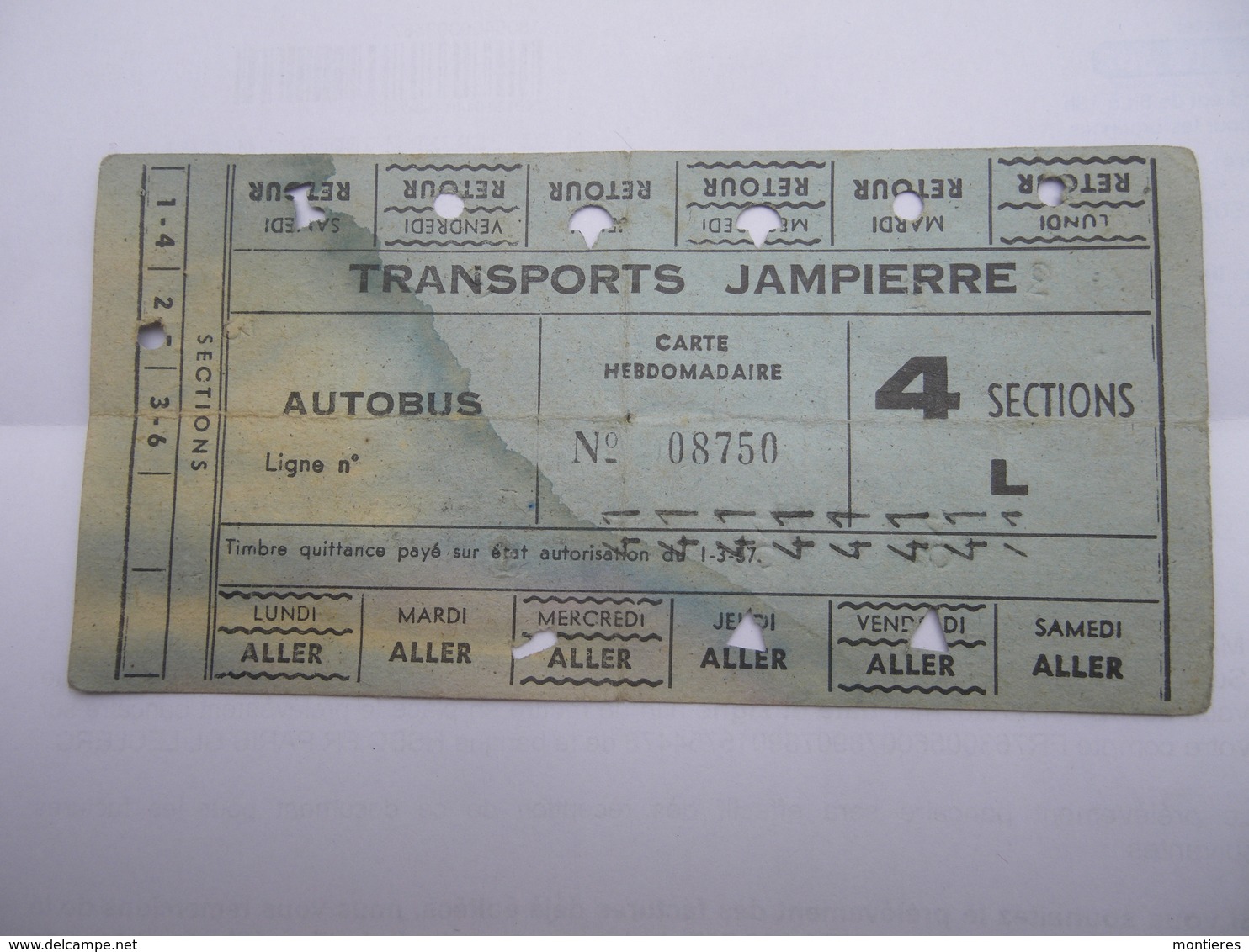 Les Cars Jampierre Carte Hebdomadaire De Travail Autobus N° 8750 - 4 Sections - Transports