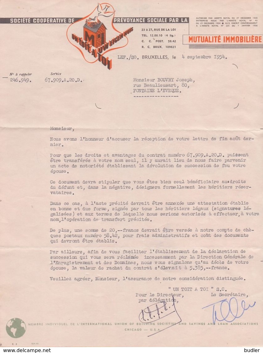 1954: Lettre De La ## MUTUALITÉ IMMOBILIÈRE, Rue De La Loi, 23-27, BR. ##  à ## Mr. Joseph BOUVRY, Rue Beaulieusart, ... - Banca & Assicurazione