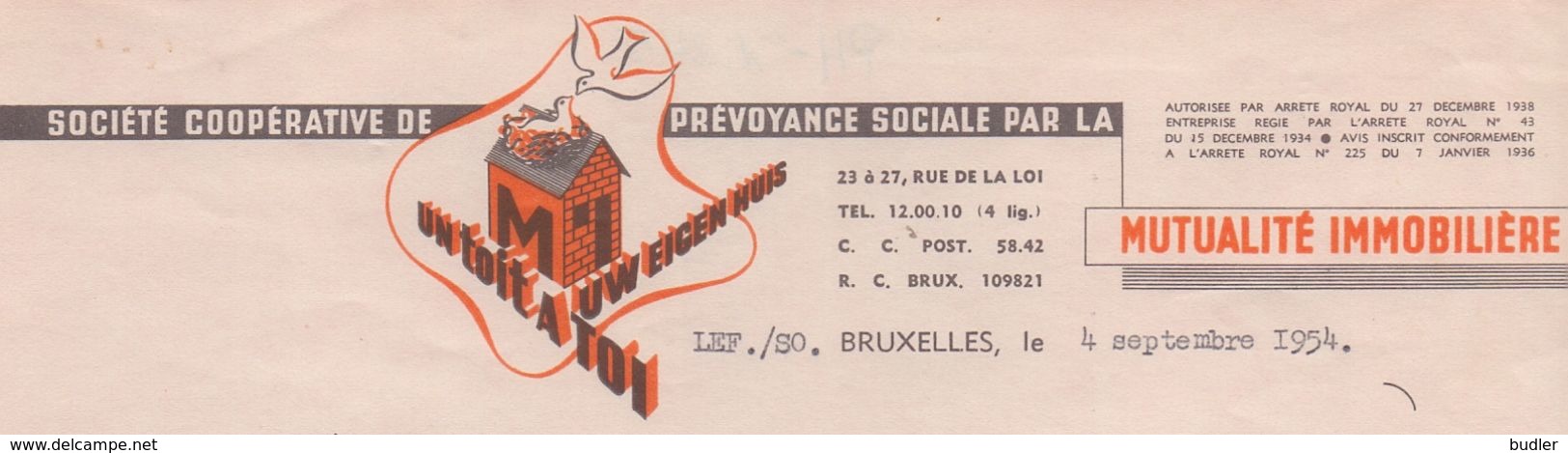 1954: Lettre De La ## MUTUALITÉ IMMOBILIÈRE, Rue De La Loi, 23-27, BR. ##  à ## Mr. Joseph BOUVRY, Rue Beaulieusart, ... - Banque & Assurance