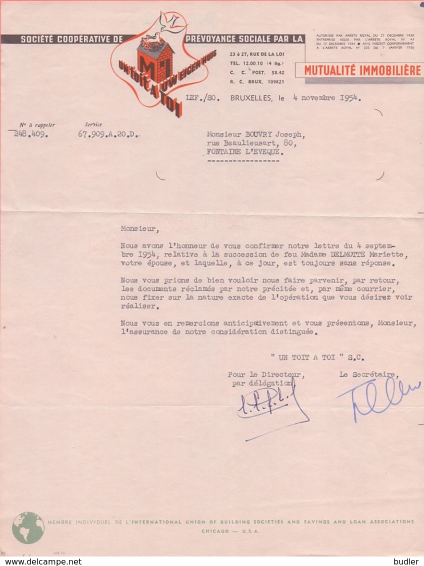 1955: Lettre De La ## MUTUALITÉ IMMOBILIÈRE, Rue De La Loi, 23-27, BR. ##  Au ## Notaire GOBEAUX à FONTAINE-l'ÉVÊQUE ## - Autres & Non Classés