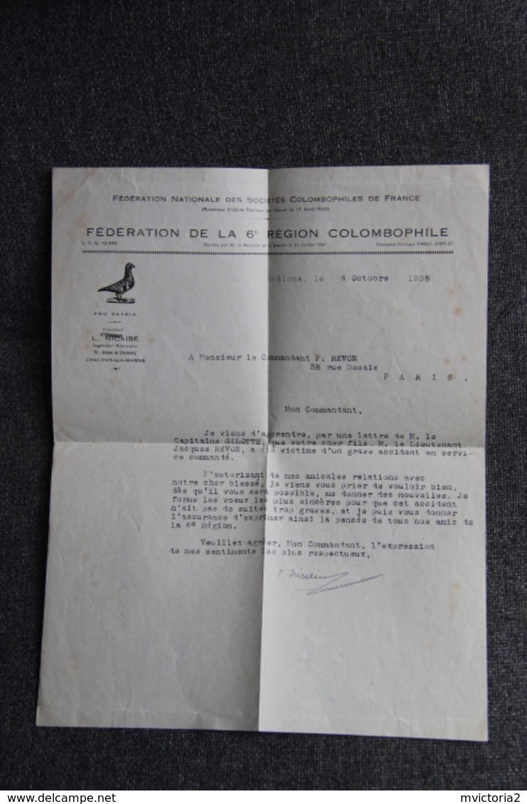 Lettre De CHALONS - Fédération De La  6 ème Région COLOMBOPHILE Dans Son Enveloppe Publicitaire. - Sports & Tourism